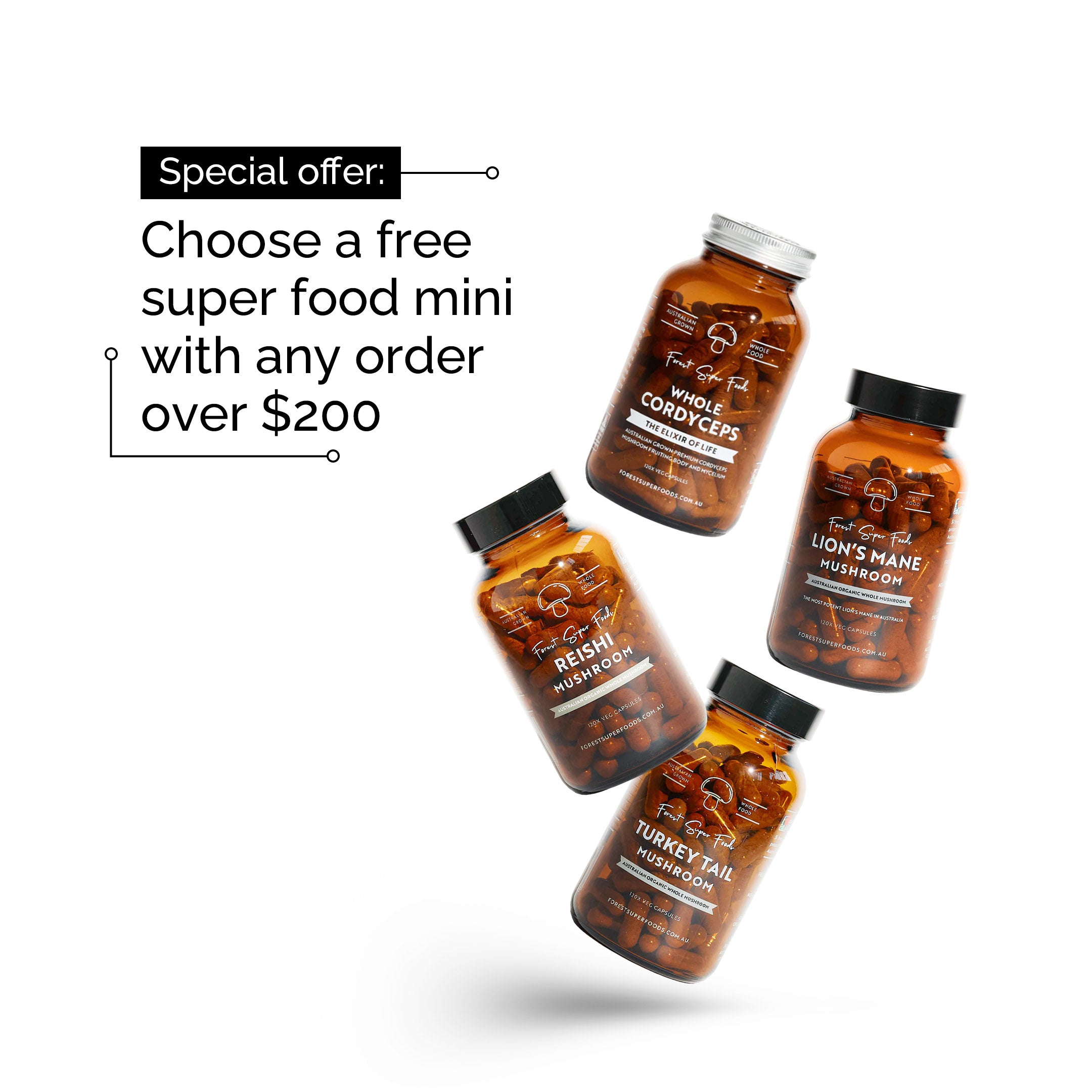 Australian Grown Mushroom Bundle featuring Cordyceps, Lion’s Mane, Reishi, and Turkey Tail capsules by Forest Super Foods