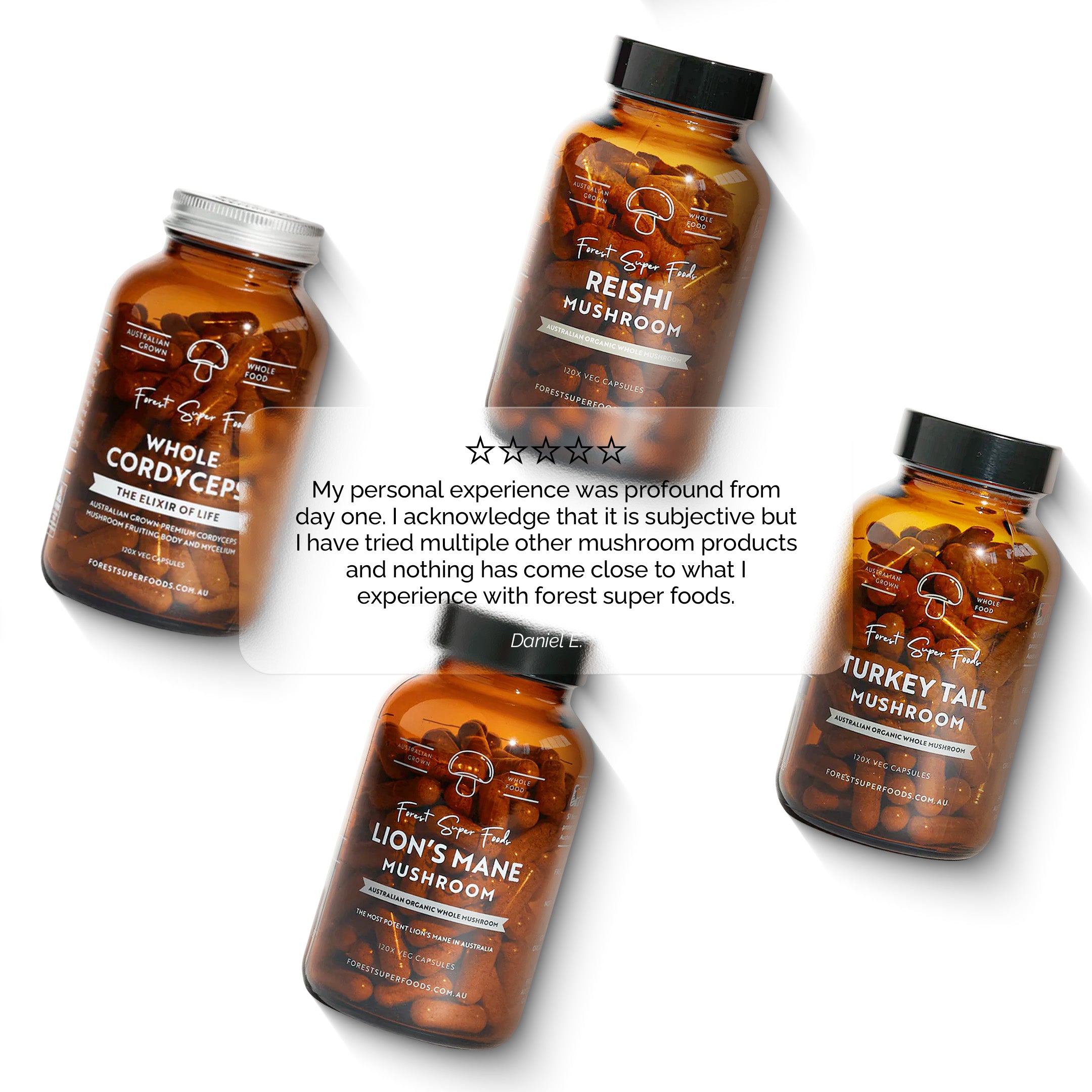 Australian Grown Mushroom Bundle with whole food capsules including Cordyceps, Reishi, Turkey Tail, and Lion’s Mane by Forest Super Foods