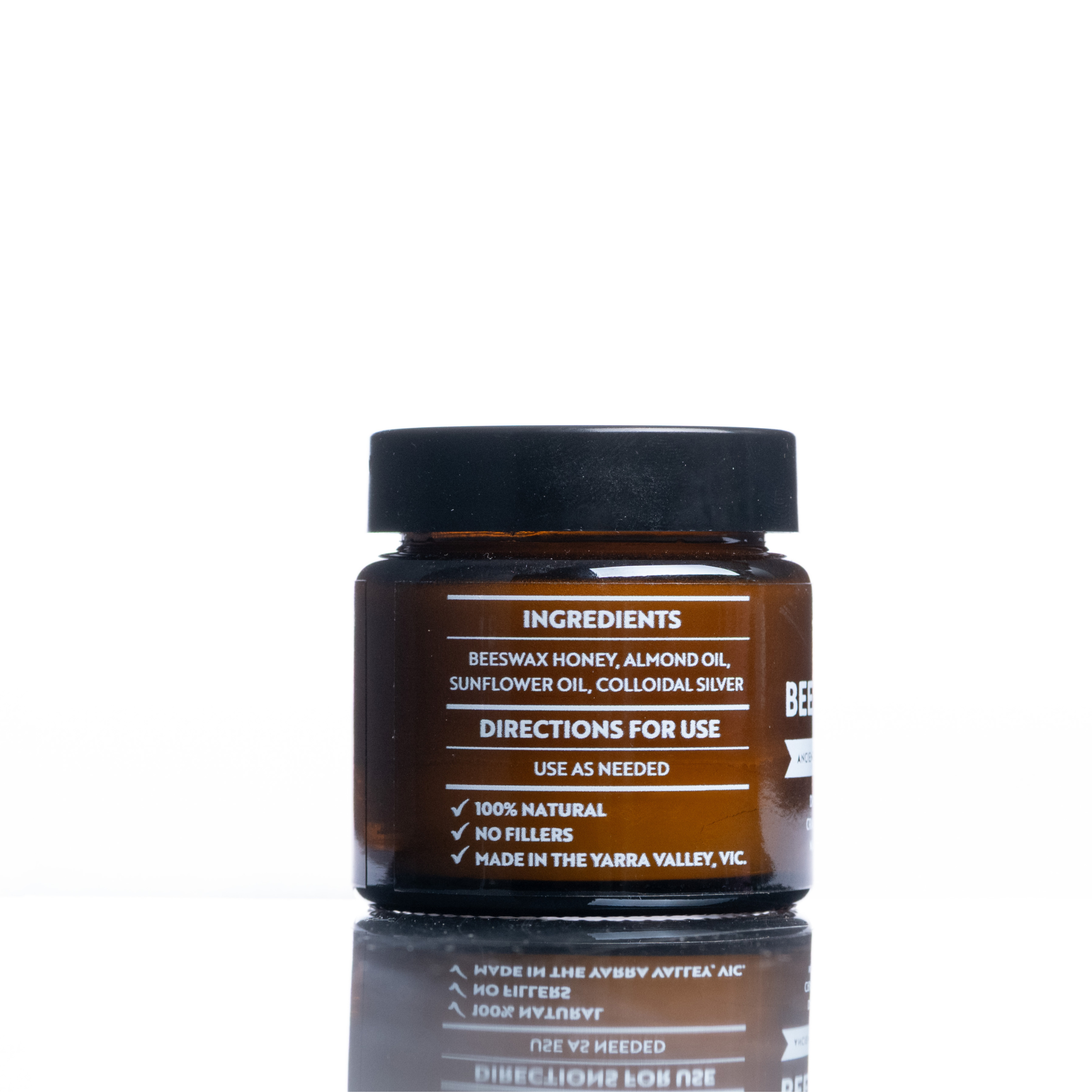 Bee Repair Balm amber jar showing natural ingredients and usage instructions made in Yarra Valley Australia by Forest Super Foods