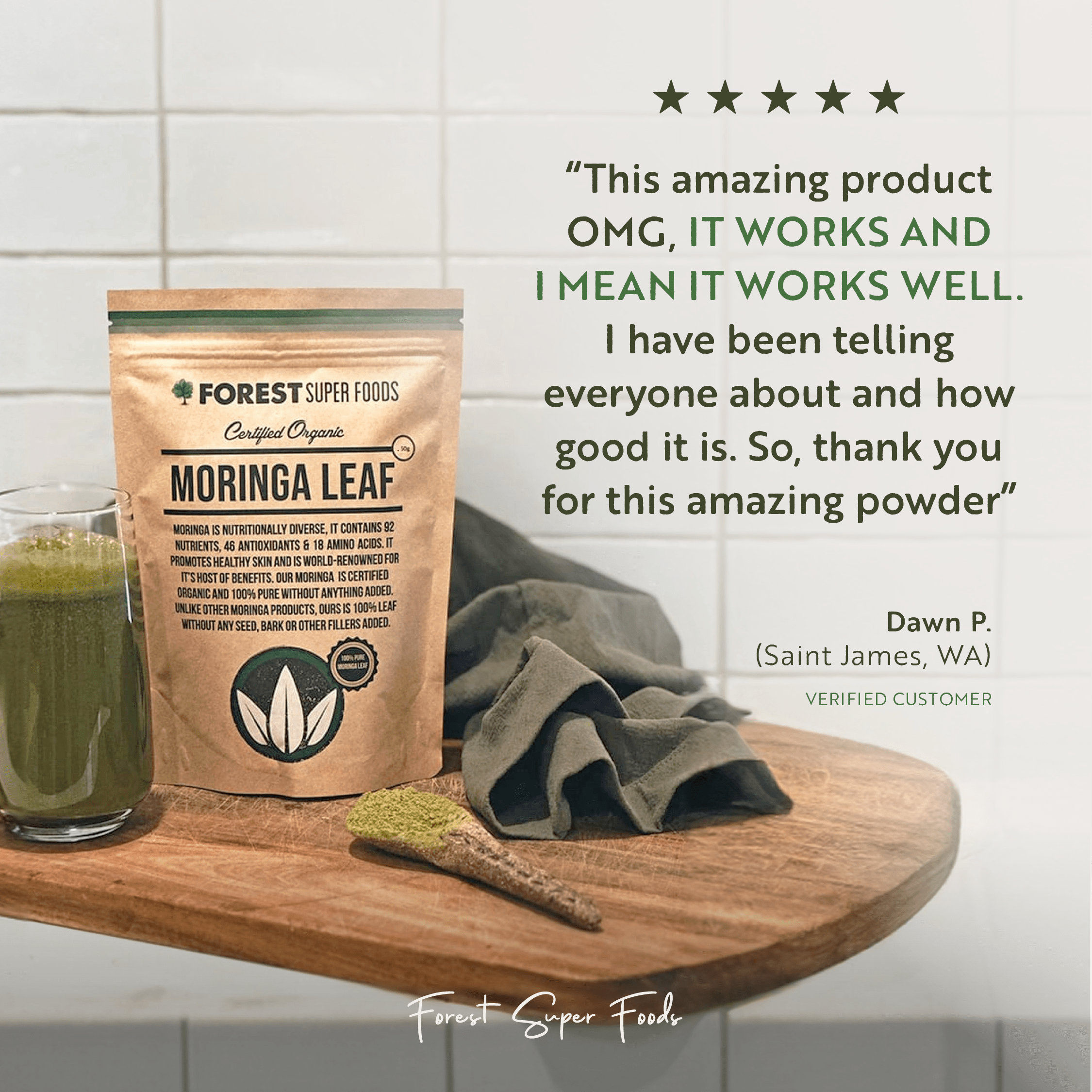 Organic Moringa Leaf Powder with customer testimonial highlighting effectiveness and gratitude for this certified organic product