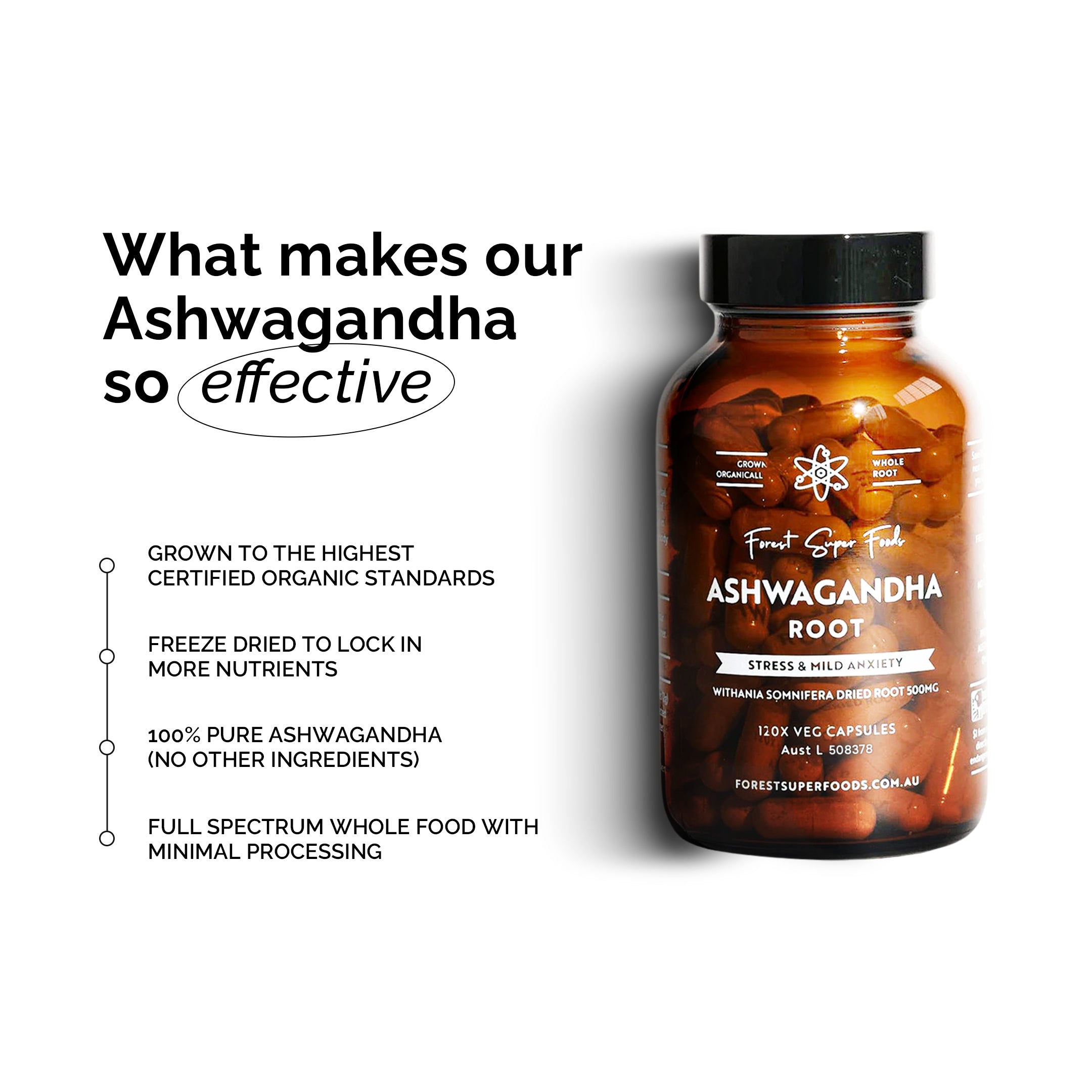 Amber bottle of Ashwagandha Root showing purity and organic quality from Most Popular Capsules Stack by Forest Super Foods