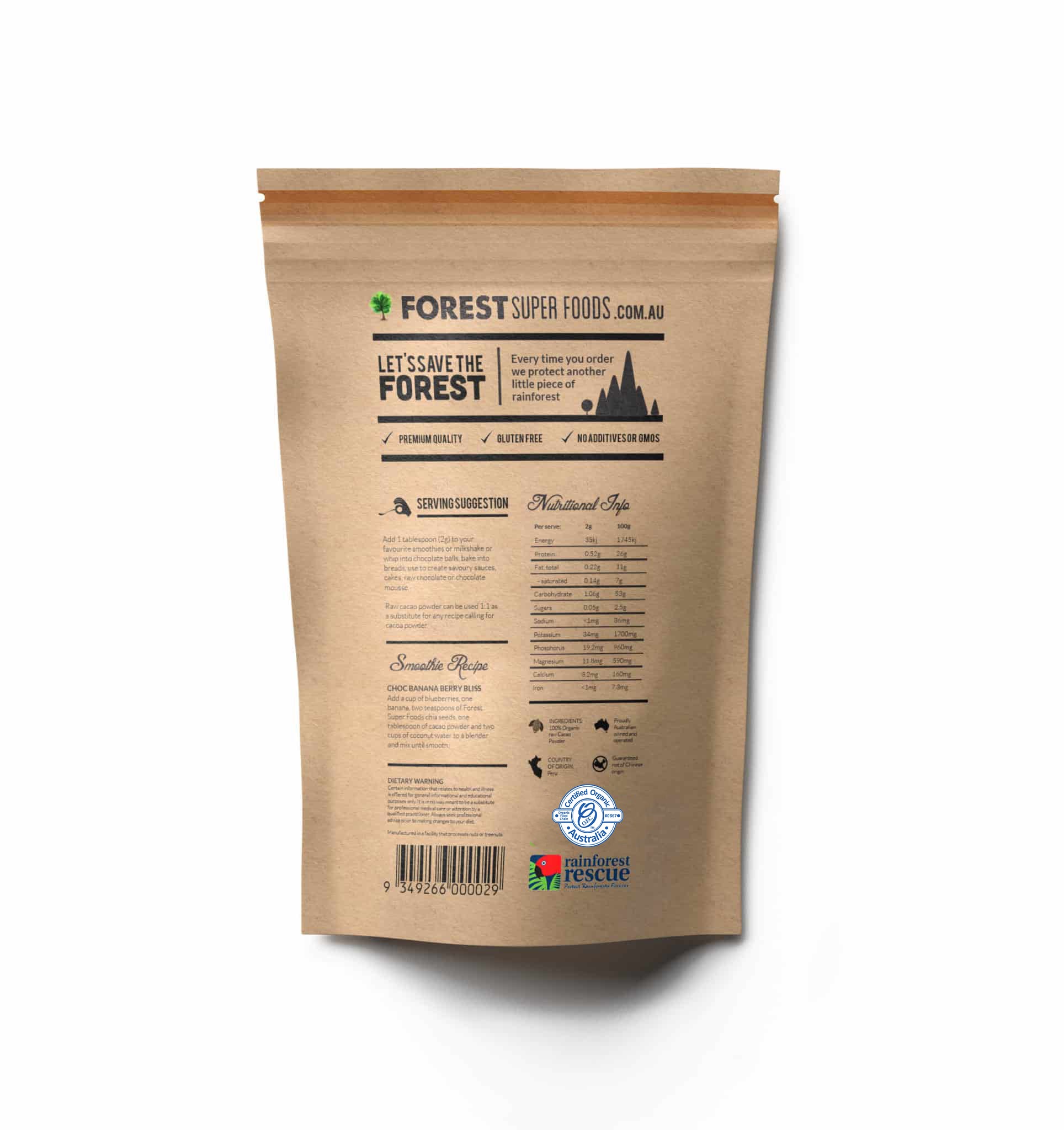 Raw Ceremonial Cacao in eco-friendly kraft pouch with nutrition facts and rainforest rescue certification label