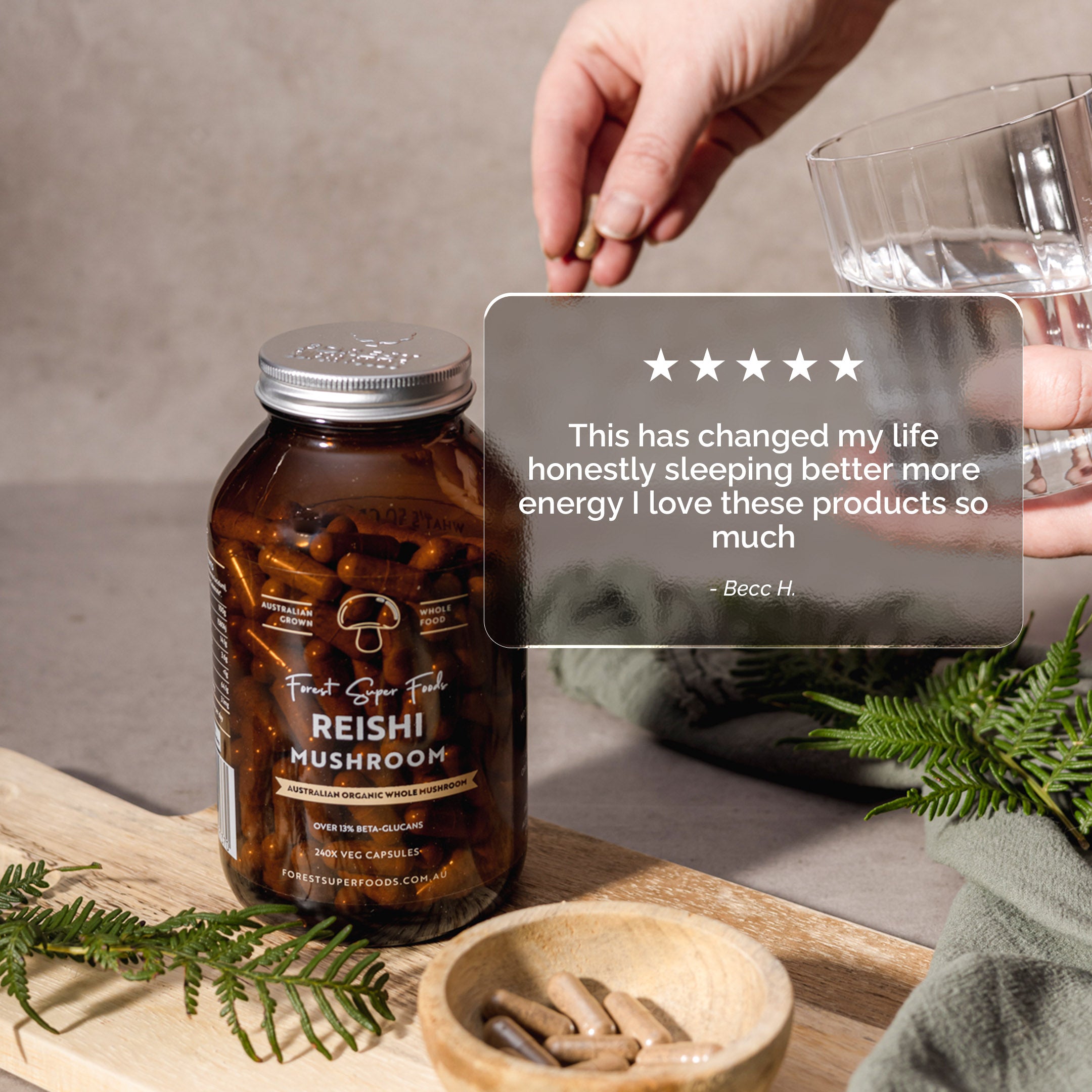 Australian Grown Reishi Mushroom Capsules with user review promoting better sleep and increased energy by Forest Super Foods