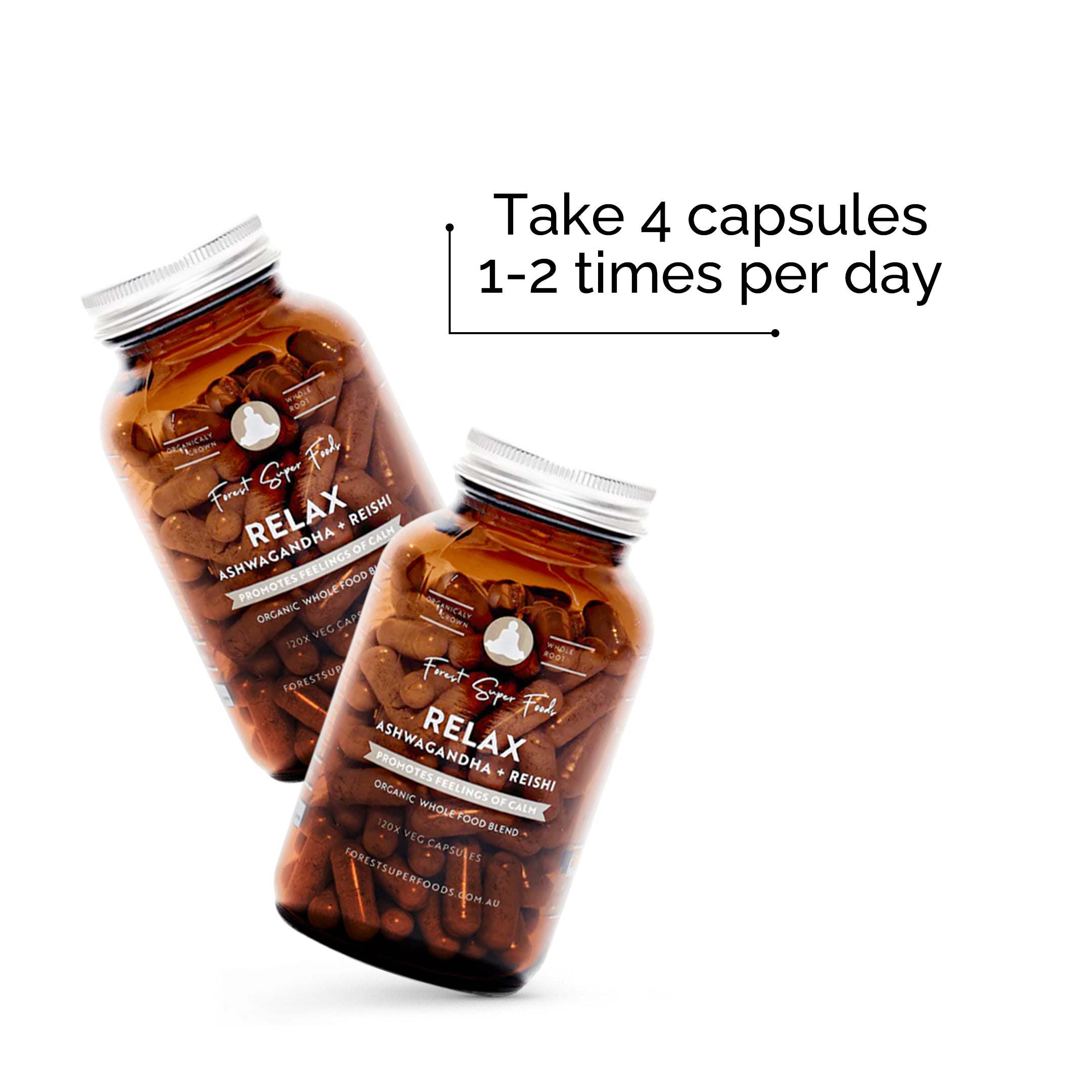 Relax Whole Food Supplement amber bottles with organic ashwagandha and reishi capsules and dosage instructions displayed