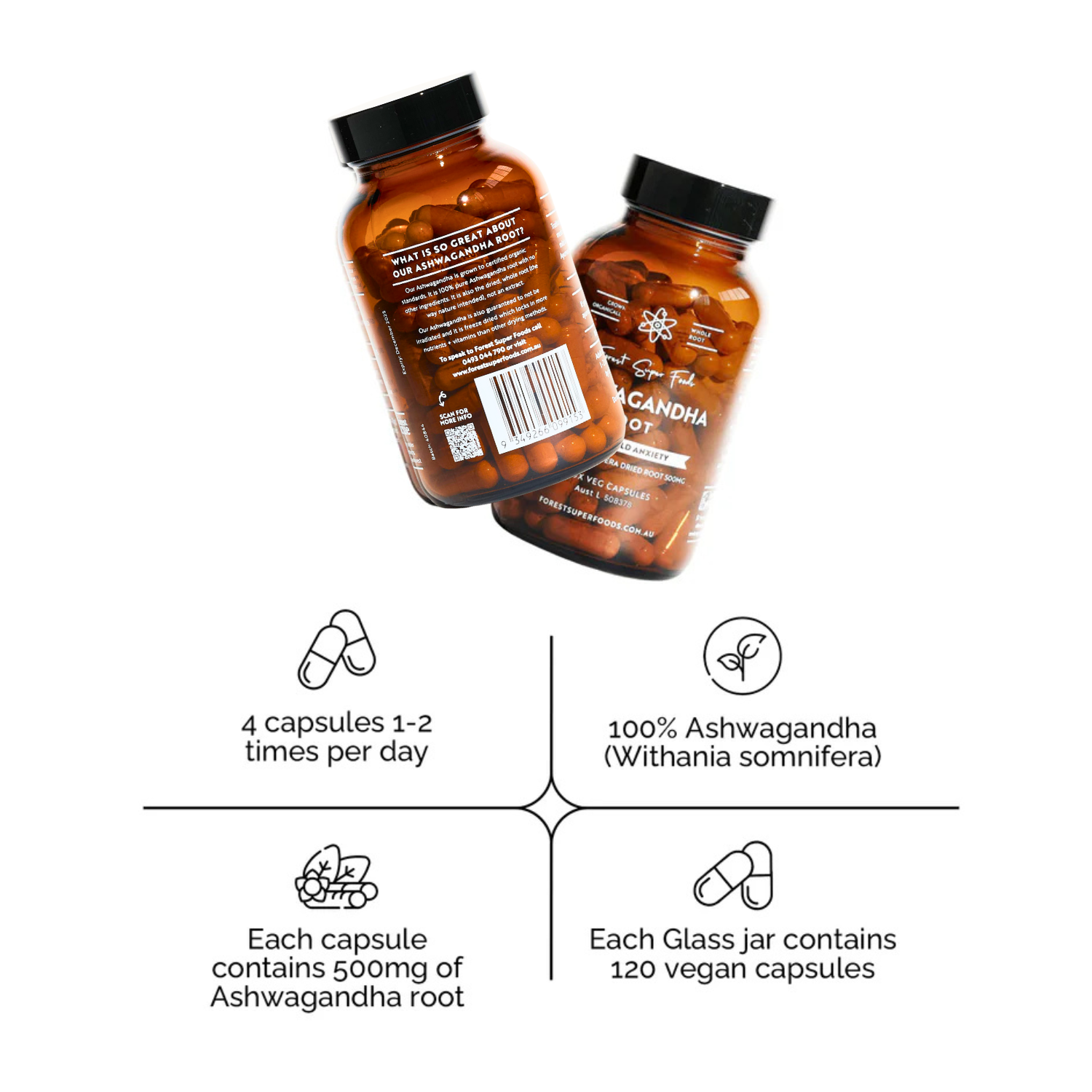 Organic Ashwagandha Capsules amber glass jars with 120 vegan capsules and 500mg pure root content by Forest Super Foods