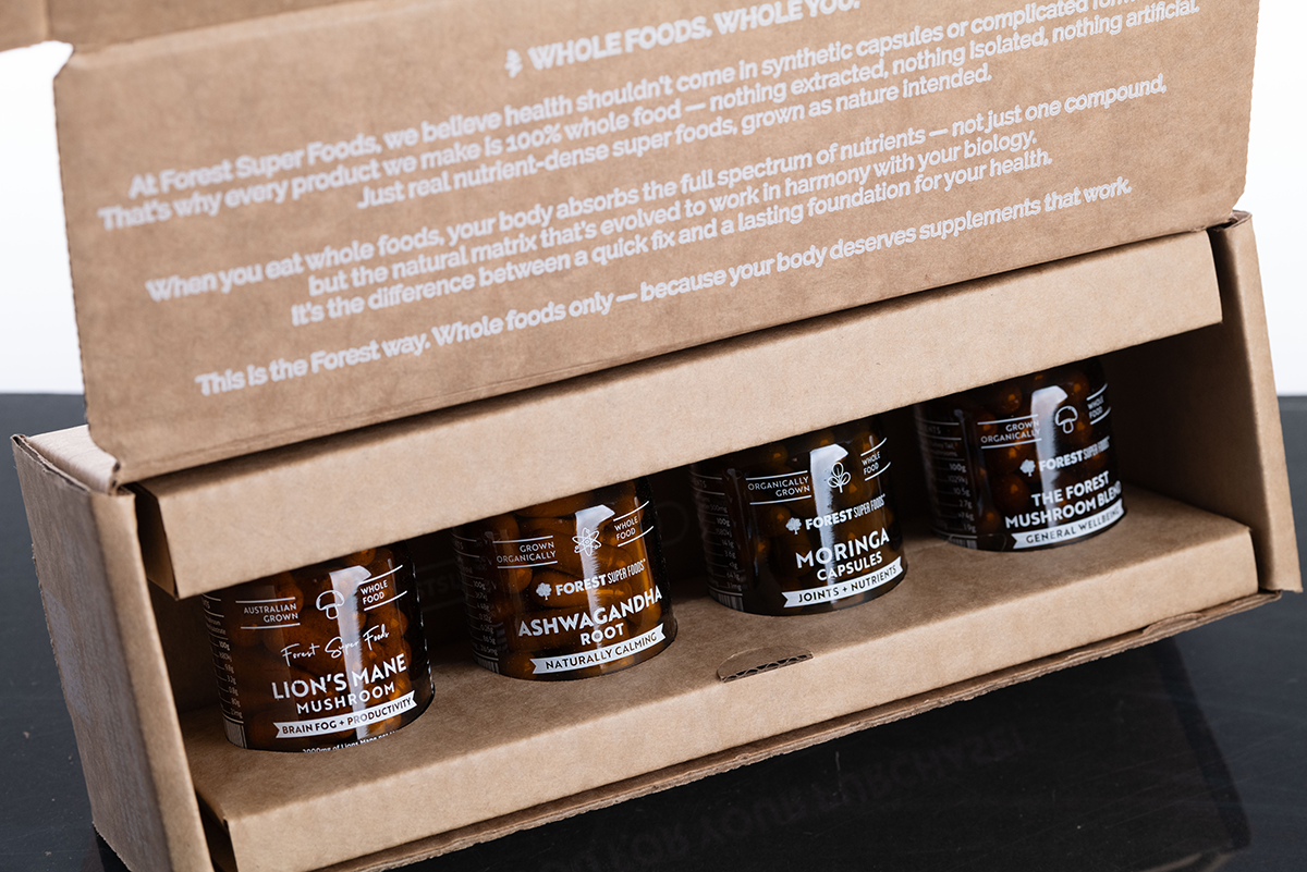 Bestseller Mini Set featuring four mini bottles of Australian grown organic ashwagandha, lions mane, and moringa capsules