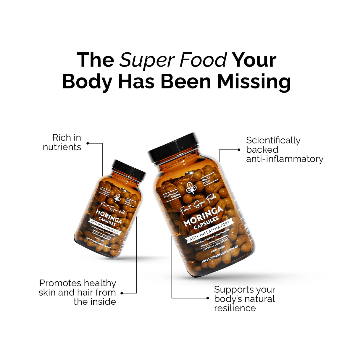 Amber bottles of Moringa Capsules highlighting anti-inflammatory and nutrient benefits from Most Popular Capsules Stack