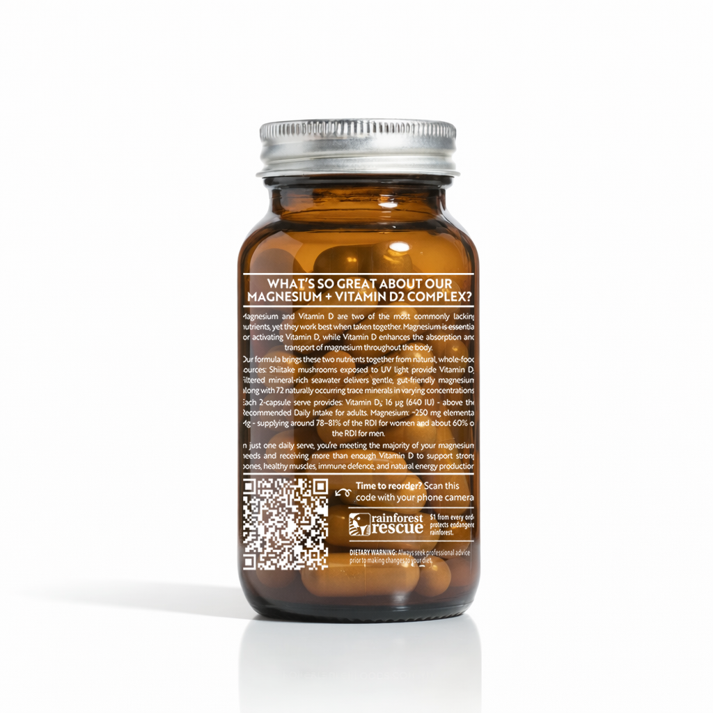 Amber bottle showing detailed nutrient benefits and usage instructions for Magnesium + Vitamin D2 by Forest Super Foods
