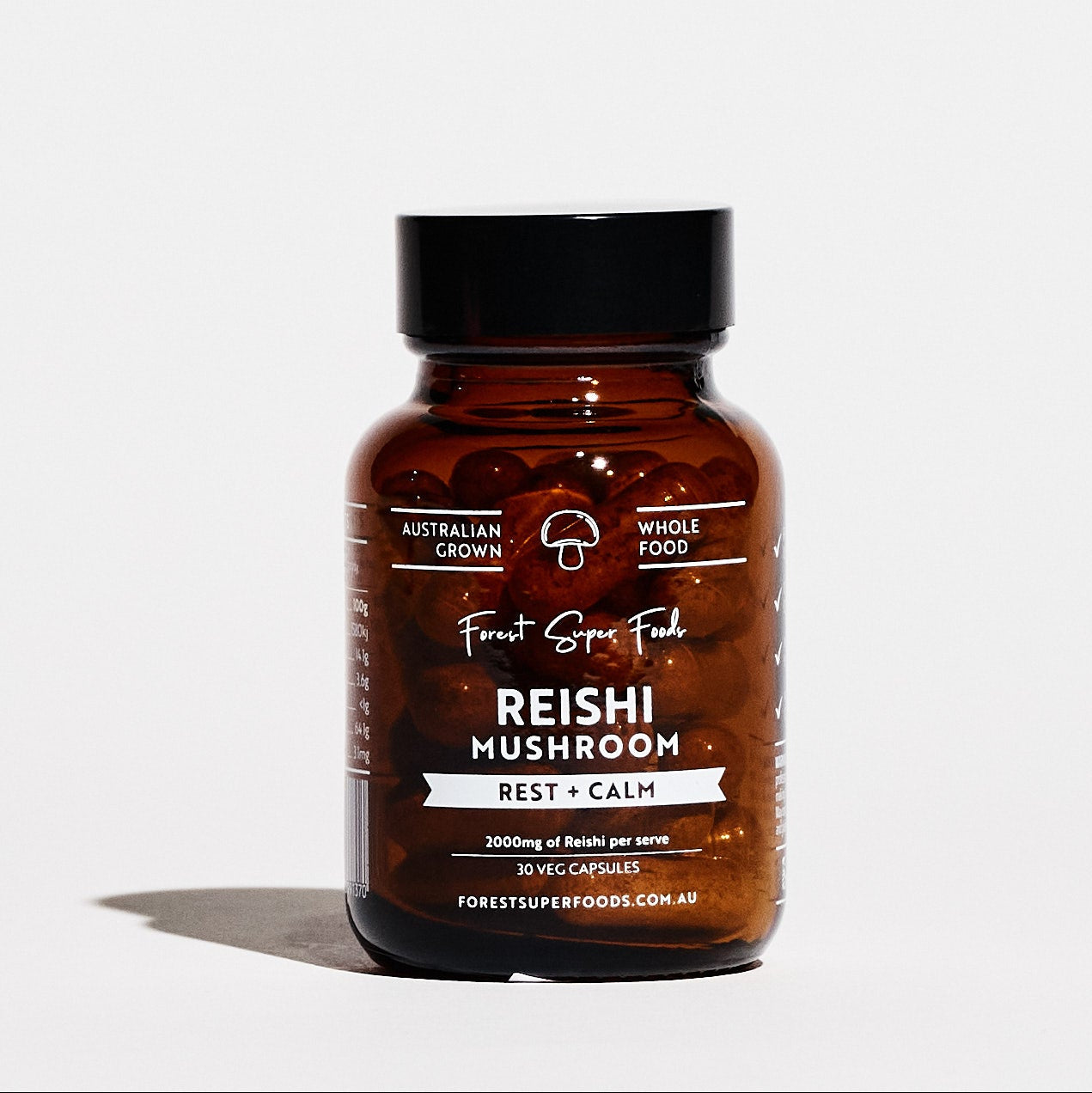 Mini Australian Grown Reishi Mushroom Capsules bottle promoting rest and calm with 2000mg whole food extract