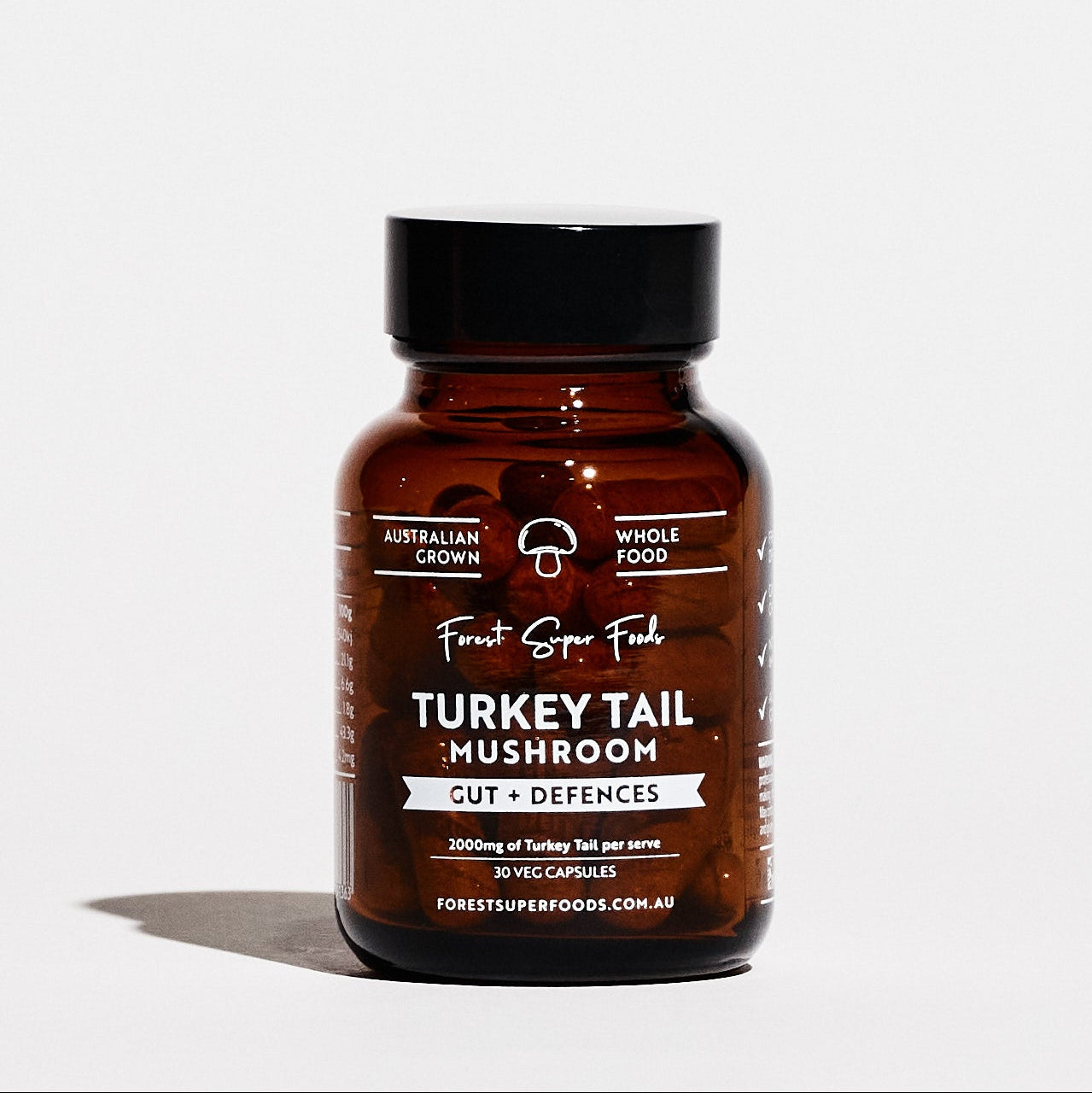 Mini Turkey Tail Capsules bottle with Australian grown organic mushroom supplement for gut health and defenses