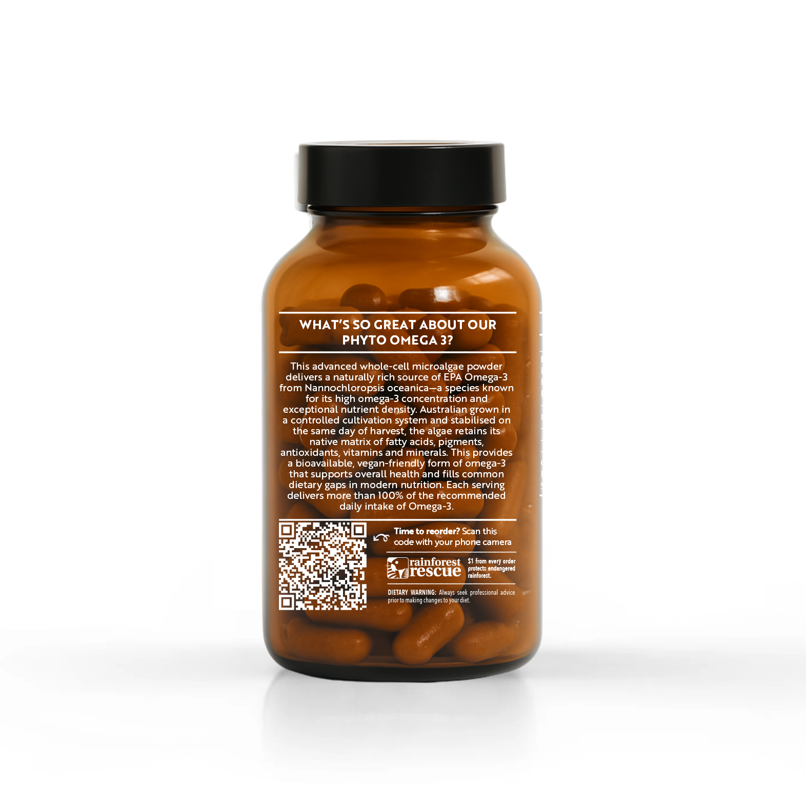 Amber bottle of Phyto Omega 3 showing detailed description of natural microalgae powder and benefits by Forest Super Foods