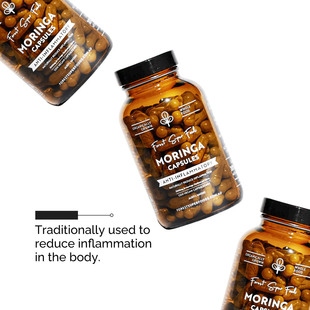 Multiple bottles of Forest Super Foods Moringa capsules displayed with text noting moringa benefits, traditionally used to reduce inflammation and support overall health.