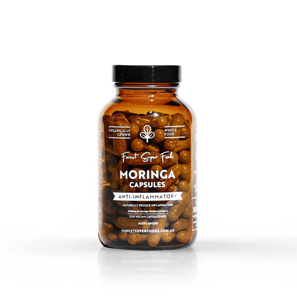 A bottle of Forest Super Foods Moringa capsules shown on a white background, highlighting moringa benefits such as reduced inflammation, improved energy, and overall wellness from nutrient-rich moringa powder.
