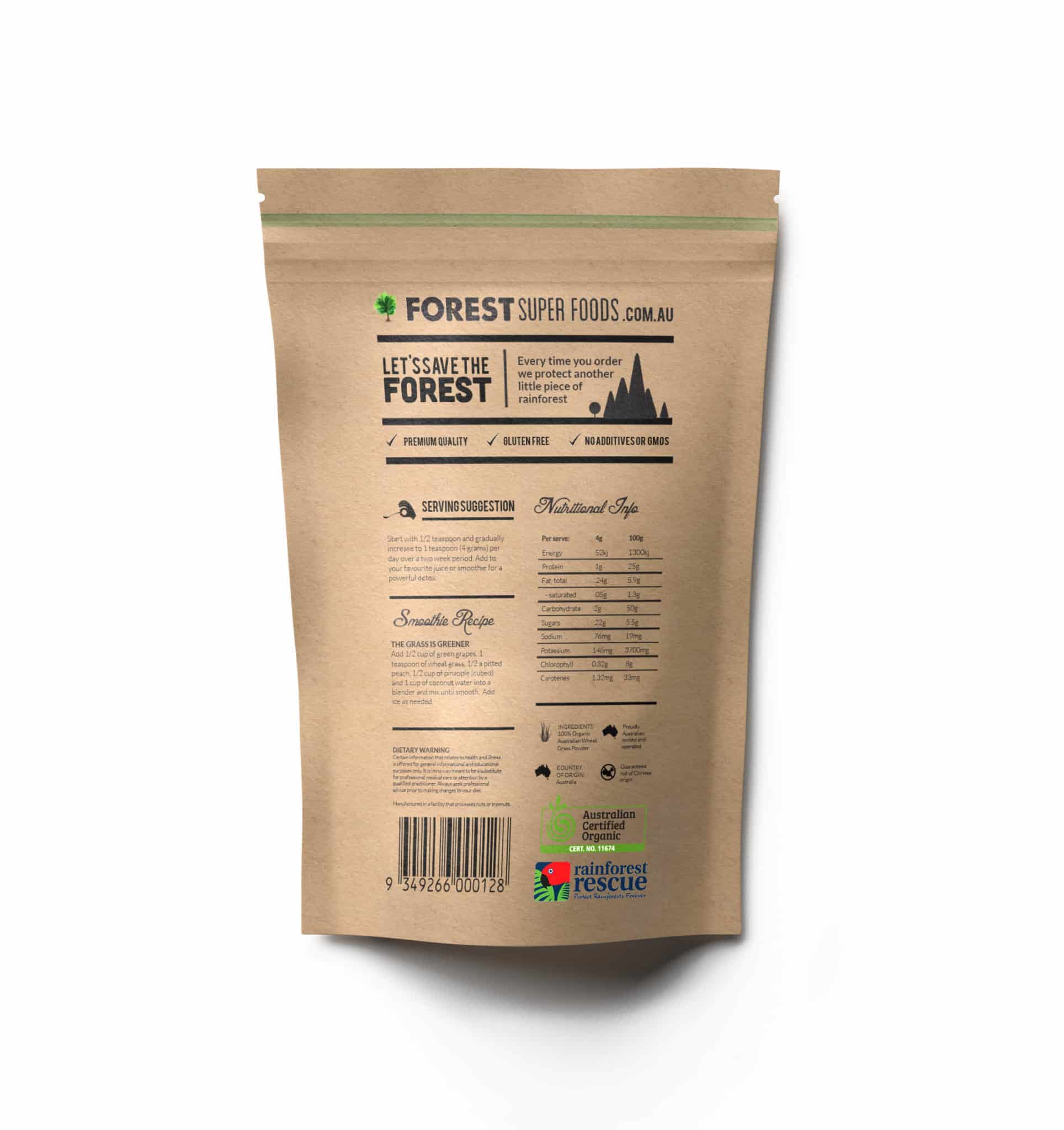 Certified Organic Australian Wheatgrass Powder (Back)