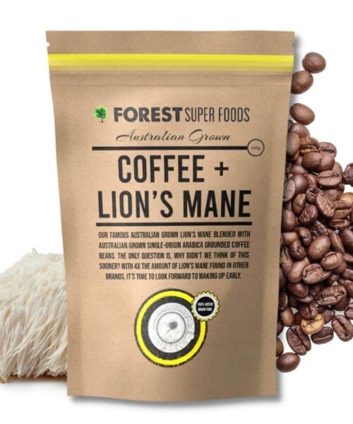 Delicious Australian grown coffee beans grounded and blended with Australian grown lions mane